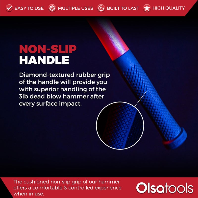 Olsa Tools Dead Blow Hammer - 3 lb - Non-Marring Polyurethane Head - Rebound Resistant - Impact Absorbing Soft Face Mallet - Professional Grade Automotive Tool - Part: 1274 - Image 5