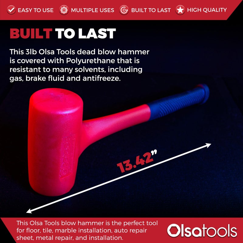 Olsa Tools Dead Blow Hammer - 3 lb - Non-Marring Polyurethane Head - Rebound Resistant - Impact Absorbing Soft Face Mallet - Professional Grade Automotive Tool - Part: 1274 - Image 3