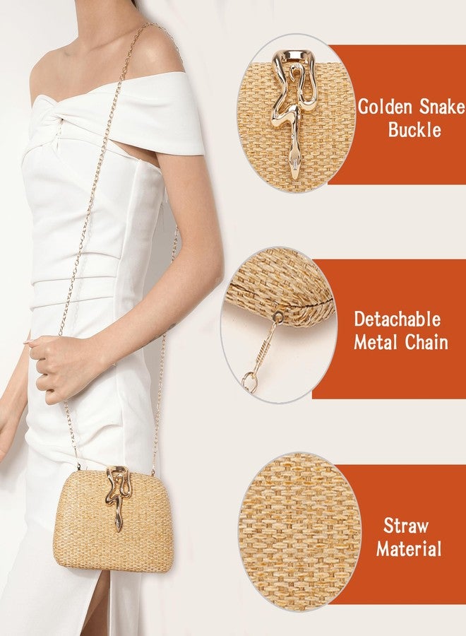 Buric Straw Clutch Purses Summer Beach Purse for Women Woven Vacation Handbags Snake Clasp Straw Beach Bag Gold - Image 2