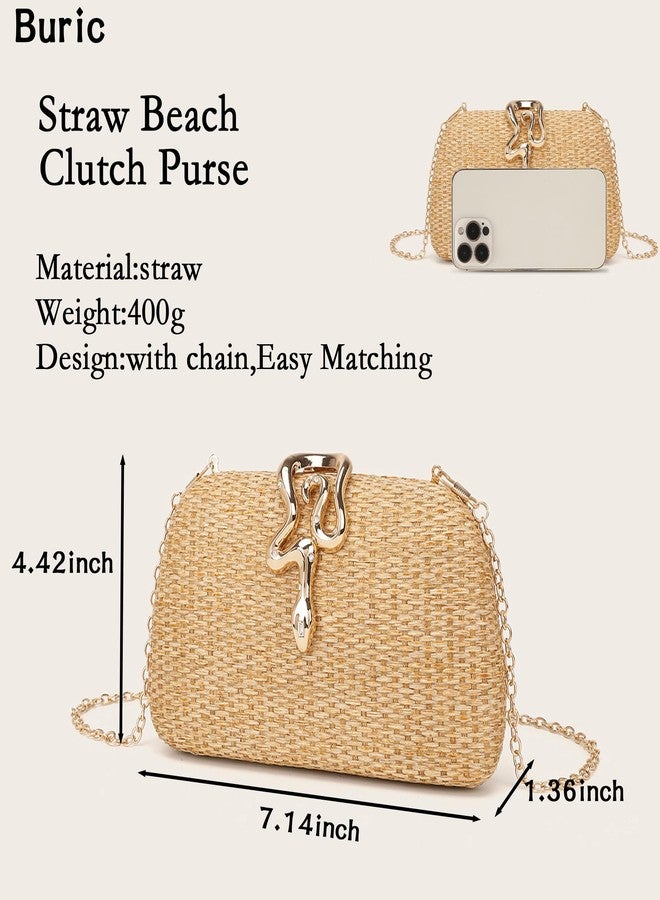 Buric Straw Clutch Purses Summer Beach Purse for Women Woven Vacation Handbags Snake Clasp Straw Beach Bag Gold - Image 5