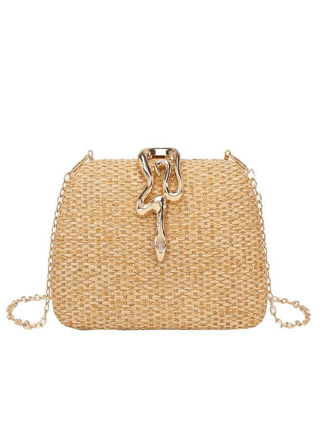 Buric Straw Clutch Purses Summer Beach Purse for Women Woven Vacation Handbags Snake Clasp Straw Beach Bag Gold - Image 1