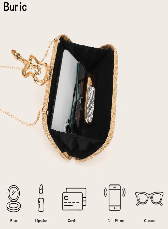 Buric Straw Clutch Purses Summer Beach Purse for Women Woven Vacation Handbags Snake Clasp Straw Beach Bag Gold - Image 4