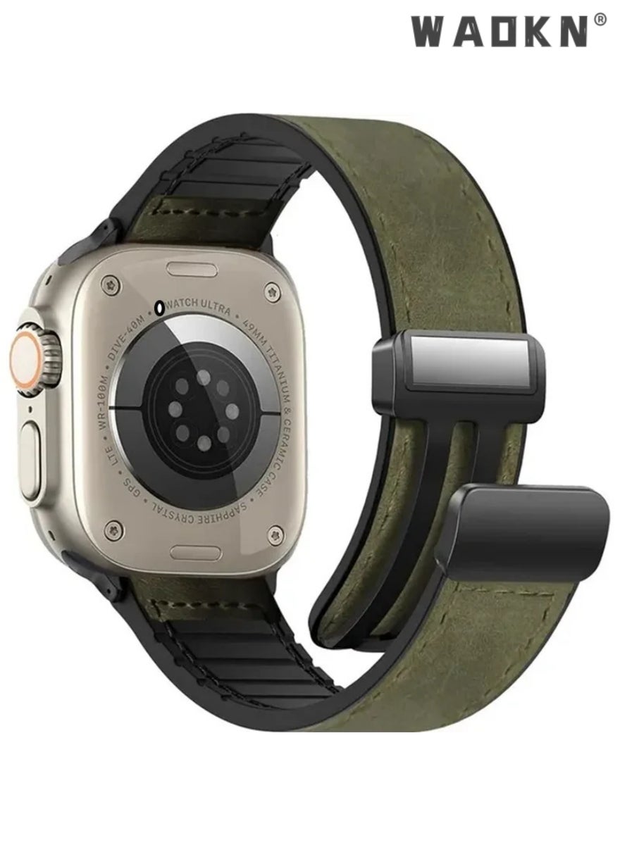 WAOKN Watch Band,Magnetic Leather Watch Band Compatible with Watch Band 49mm 46mm 45mm 44mm 42mm, Genuine Leather with Magnetic Buckle Strap Compatible with Watch Ultra/2 10/9/8/7/6/5/4/3/2/1, Watch Band,Green
