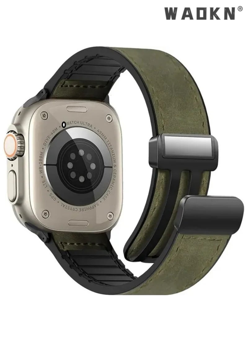 WAOKN - Magnetic Leather Watch Band Compatible with Apple Watch Band 49mm 46mm 45mm 44mm 42mm, Genuine Leather with Magnetic Buckle Strap Compatible with Apple Watch Ultra/2 10/9/8/7/6/5/4/3/2/1, Green - Image 1