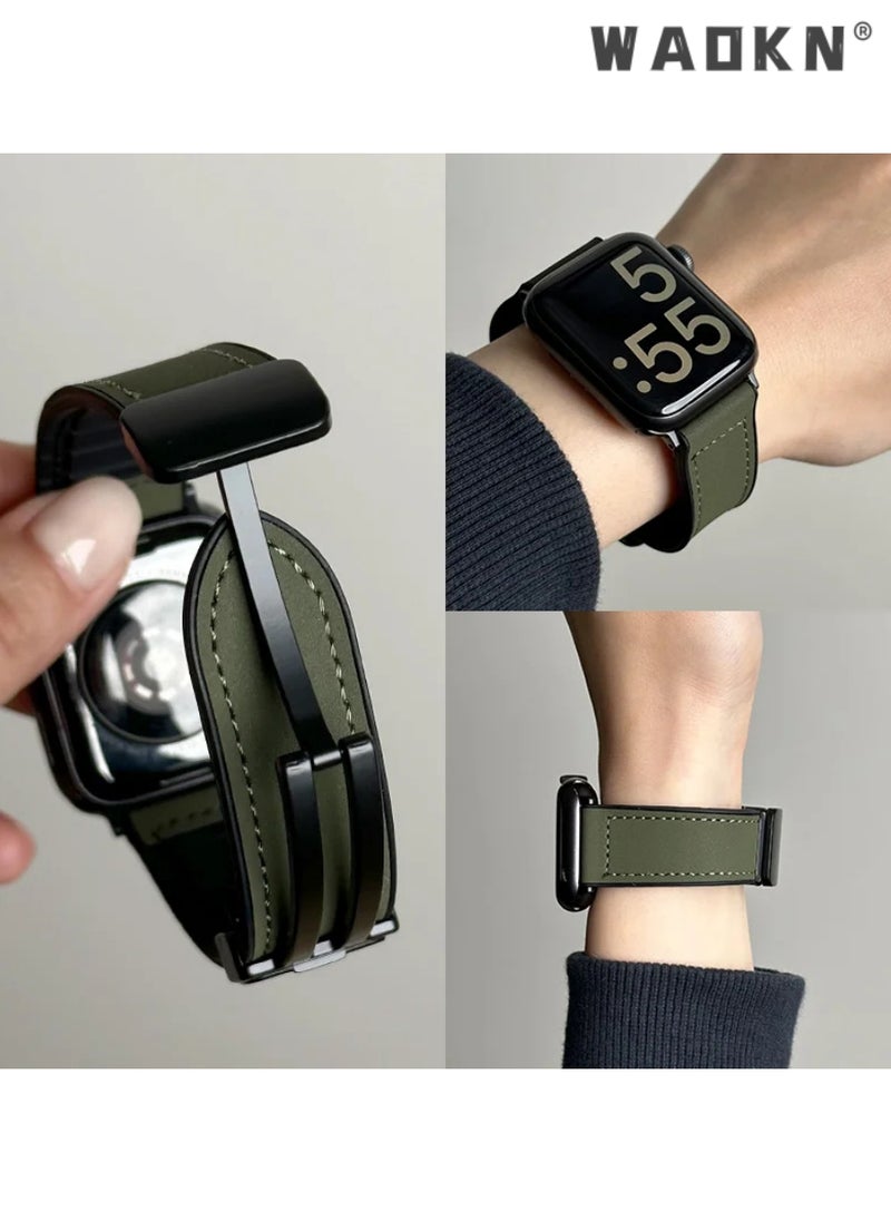 WAOKN - Magnetic Leather Watch Band Compatible with Apple Watch Band 49mm 46mm 45mm 44mm 42mm, Genuine Leather with Magnetic Buckle Strap Compatible with Apple Watch Ultra/2 10/9/8/7/6/5/4/3/2/1, Green - Image 1