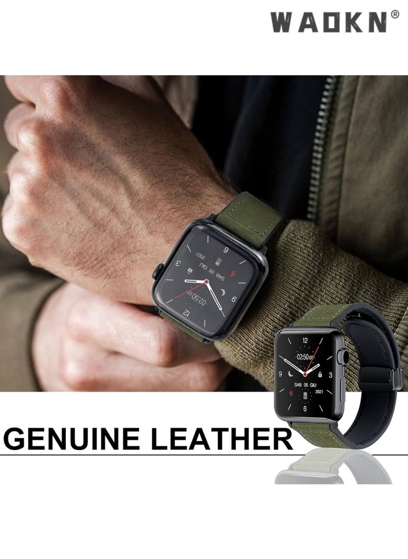 WAOKN - Magnetic Leather Watch Band Compatible with Apple Watch Band 49mm 46mm 45mm 44mm 42mm, Genuine Leather with Magnetic Buckle Strap Compatible with Apple Watch Ultra/2 10/9/8/7/6/5/4/3/2/1, Green - Image 1