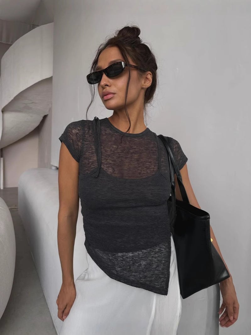 2025 Solid Color Jacquard Knitted Slim-Fit Crewneck T-Shirt Women'S Design Sense Fashion Commuting Europe And America - Image 1