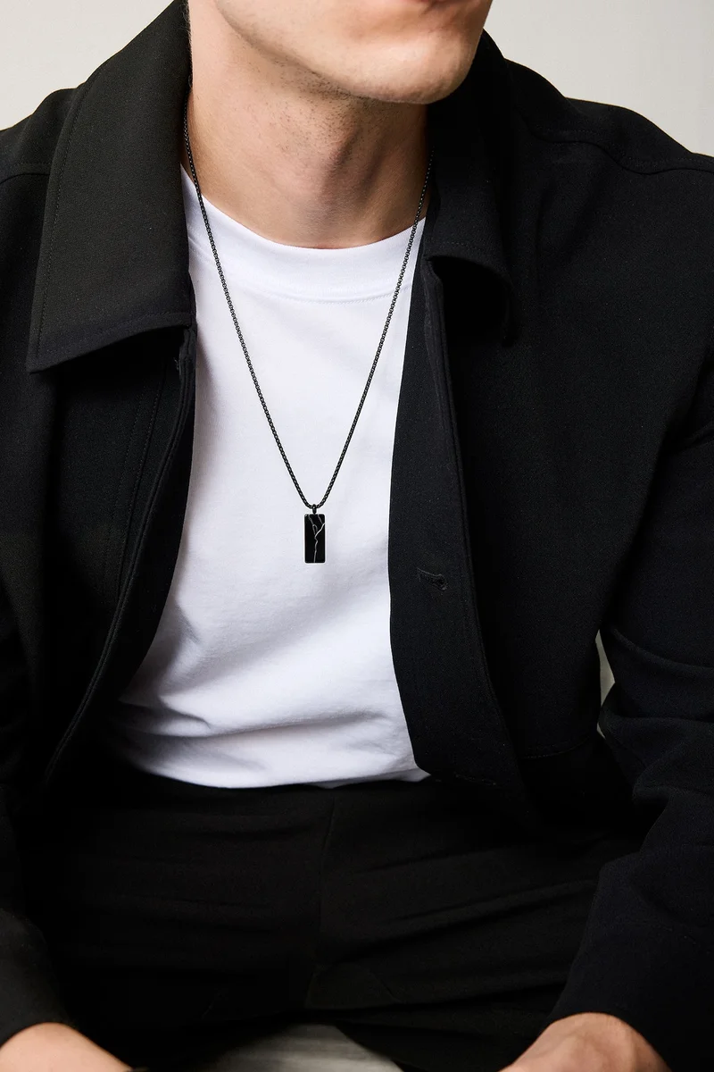 Man Black Stone Steel Necklace