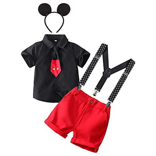 IMEKIS Gentleman Mouse 2nd 3rd Birthday Cake Smash Photo Props Outfit for Baby Boys Toddler Shirt Top Necktie Suspenders Shorts Pants Mouse Birthday Party Black 2-3T - Image 1
