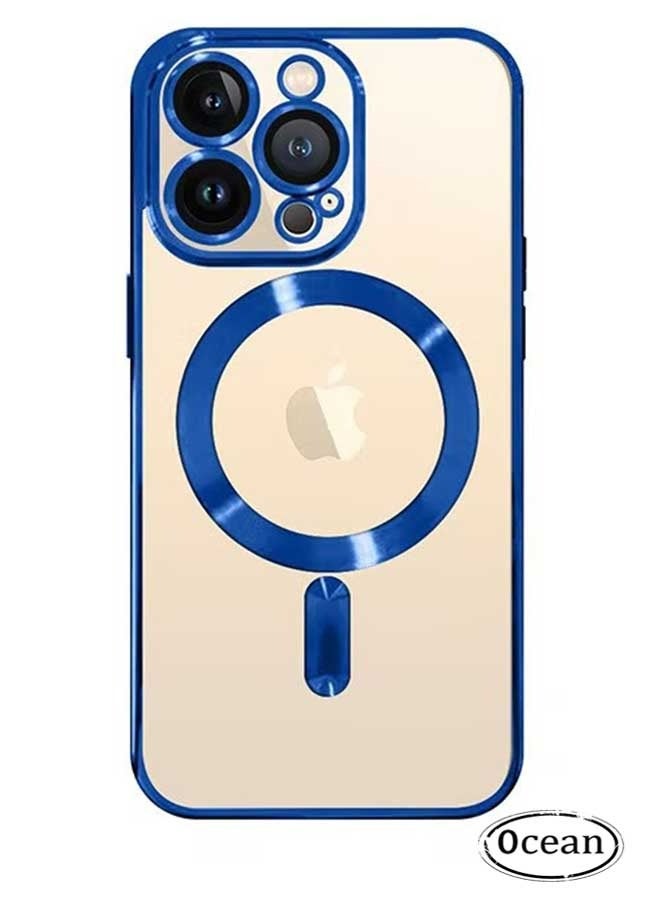 أوشن غطاء لآي فون 15 برو ماكس مطلي ( الأزرق / الشفاف ) ، عدسة الكاميرا المحمية بالكامل ، متوافق مع شحن لاسلكي ماغساف - Image 1