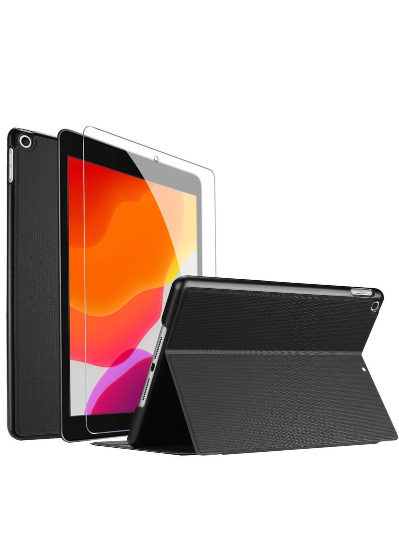 Procases New Ipad 10.2 Inch Folio Case With Tempered Glass Screen Protector Slim Stand Protective Cover Black - Image 1