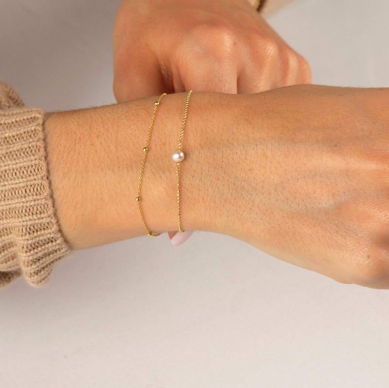 MEVECCO Bracelet for Women Gold Layered Station Beand Ball Chain Single Pearl Bead Wire Wrapped 14K Gold Plated Dainty 2 Layer Handmade Simple Jewelry - Image 2