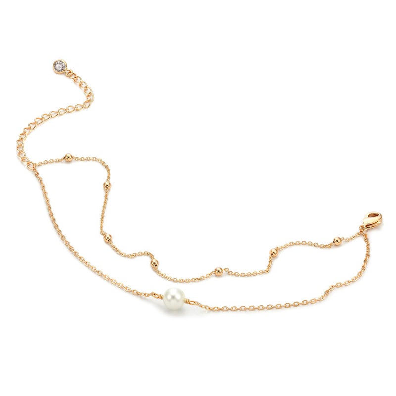 MEVECCO Bracelet for Women Gold Layered Station Beand Ball Chain Single Pearl Bead Wire Wrapped 14K Gold Plated Dainty 2 Layer Handmade Simple Jewelry - Image 1