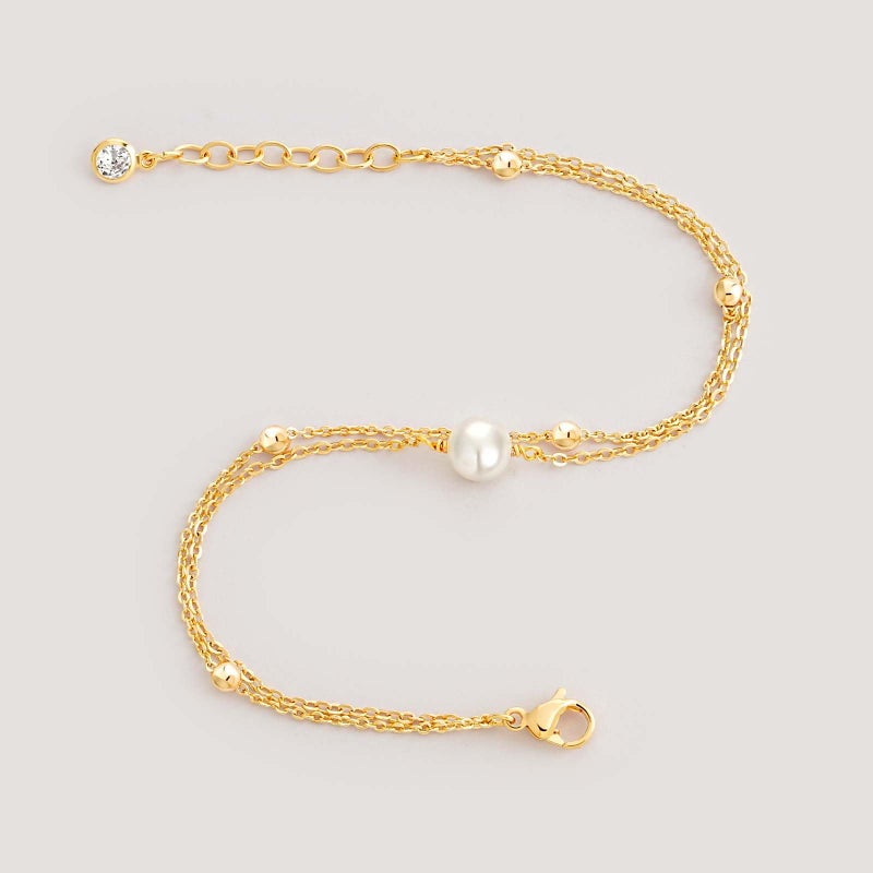 MEVECCO Bracelet for Women Gold Layered Station Beand Ball Chain Single Pearl Bead Wire Wrapped 14K Gold Plated Dainty 2 Layer Handmade Simple Jewelry - Image 4