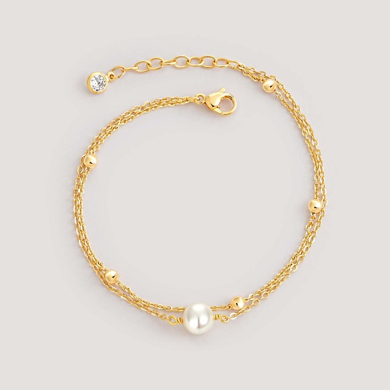 MEVECCO Bracelet for Women Gold Layered Station Beand Ball Chain Single Pearl Bead Wire Wrapped 14K Gold Plated Dainty 2 Layer Handmade Simple Jewelry - Image 3