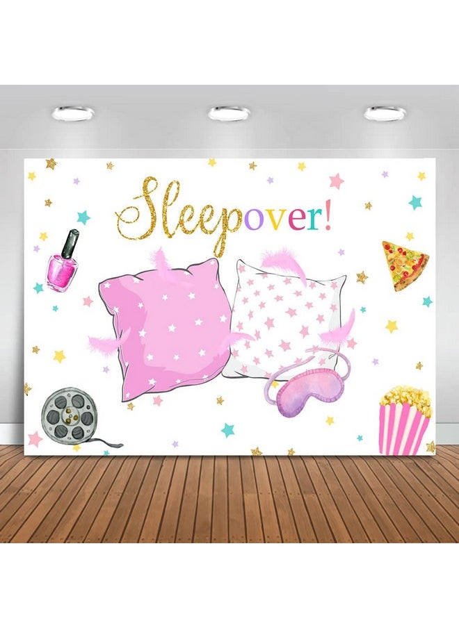 Mocsicka Sleepover Party Backdrop Sleepover Pajamas Pillow Fight Pink Girl Party Decorations Slumber Party Banner Photography Background Cake Table Studio Props (5X3Ft)  - Image 2