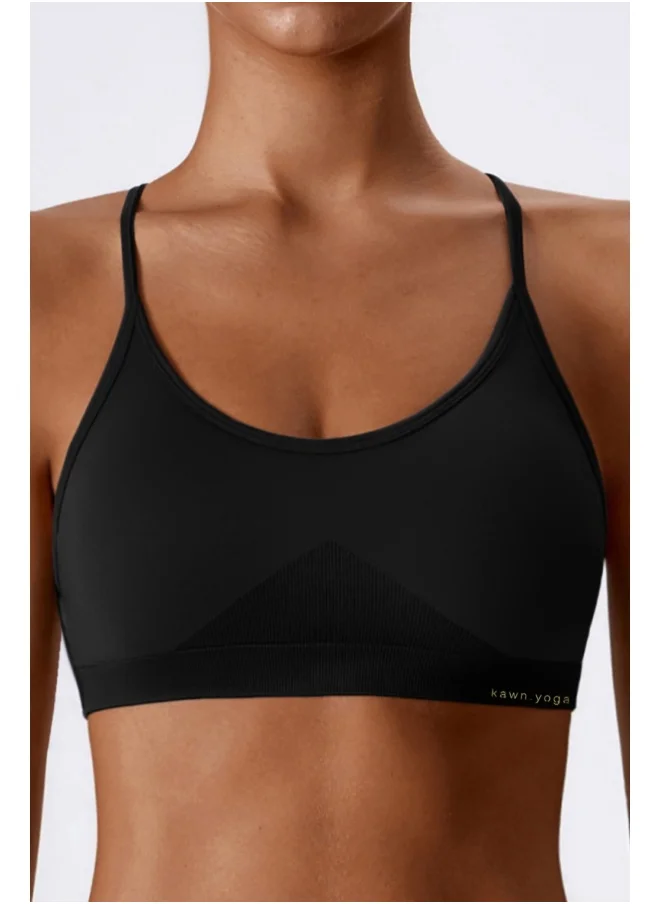 كون.يوغا KAWN YOGA Womens Striped Back Sports Bra - Padded Low Impact Workout Yoga Bra with Removable Built in Bra