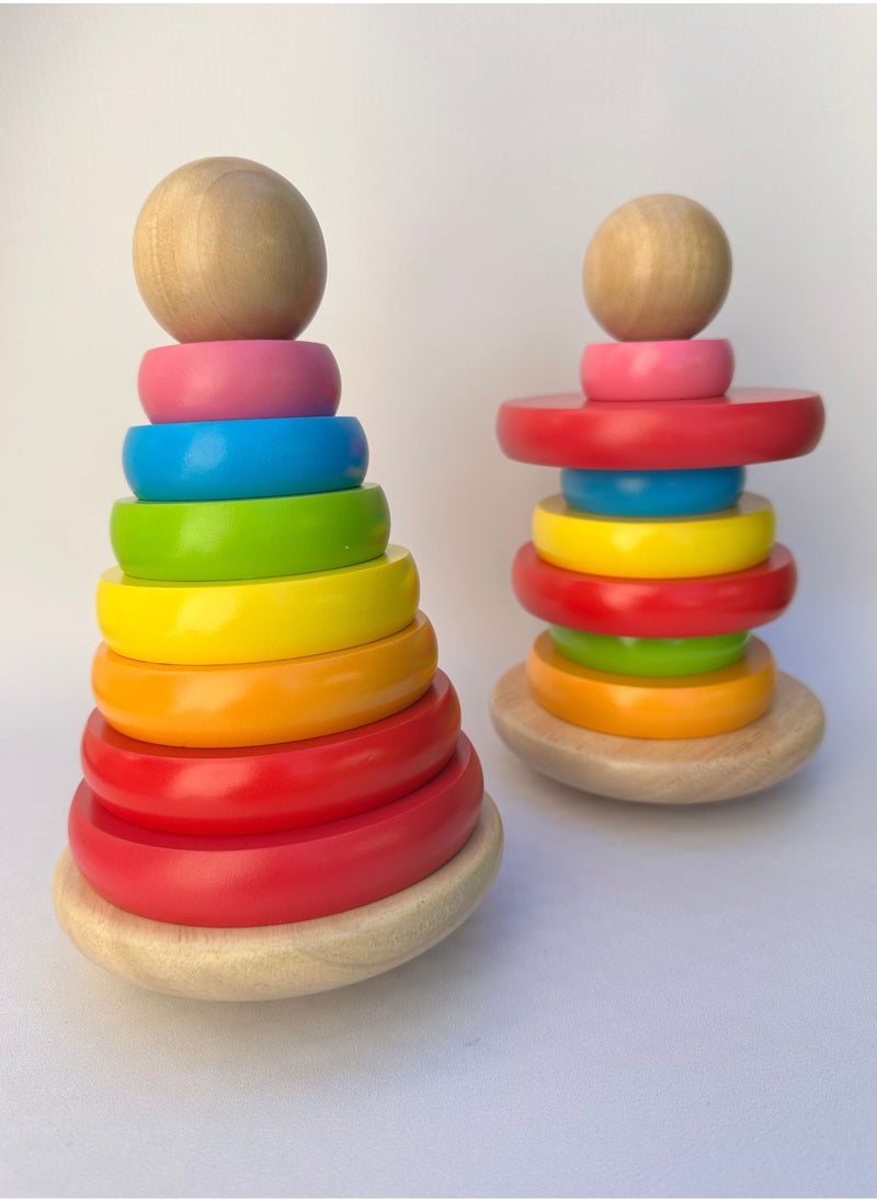 littlechus - Rainbow Wooden Ring Stacker, 9 Piece Stacking Rings, Stacking Toy for Babies and Toddlers - Image 1