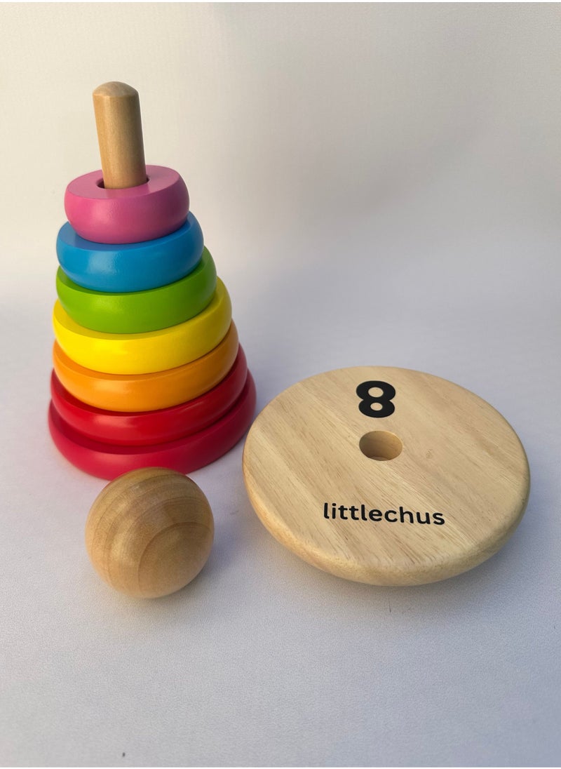 littlechus - Rainbow Wooden Ring Stacker, 9 Piece Stacking Rings, Stacking Toy for Babies and Toddlers - Image 1