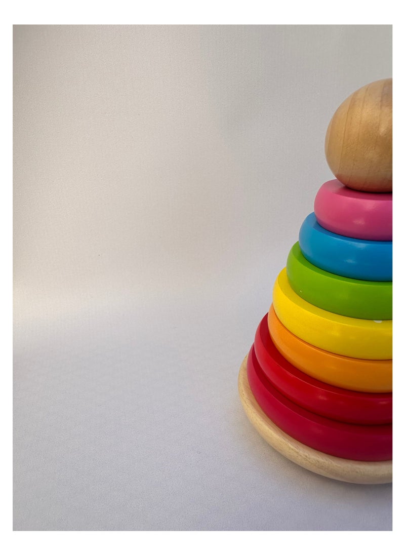 littlechus - Rainbow Wooden Ring Stacker, 9 Piece Stacking Rings, Stacking Toy for Babies and Toddlers - Image 1