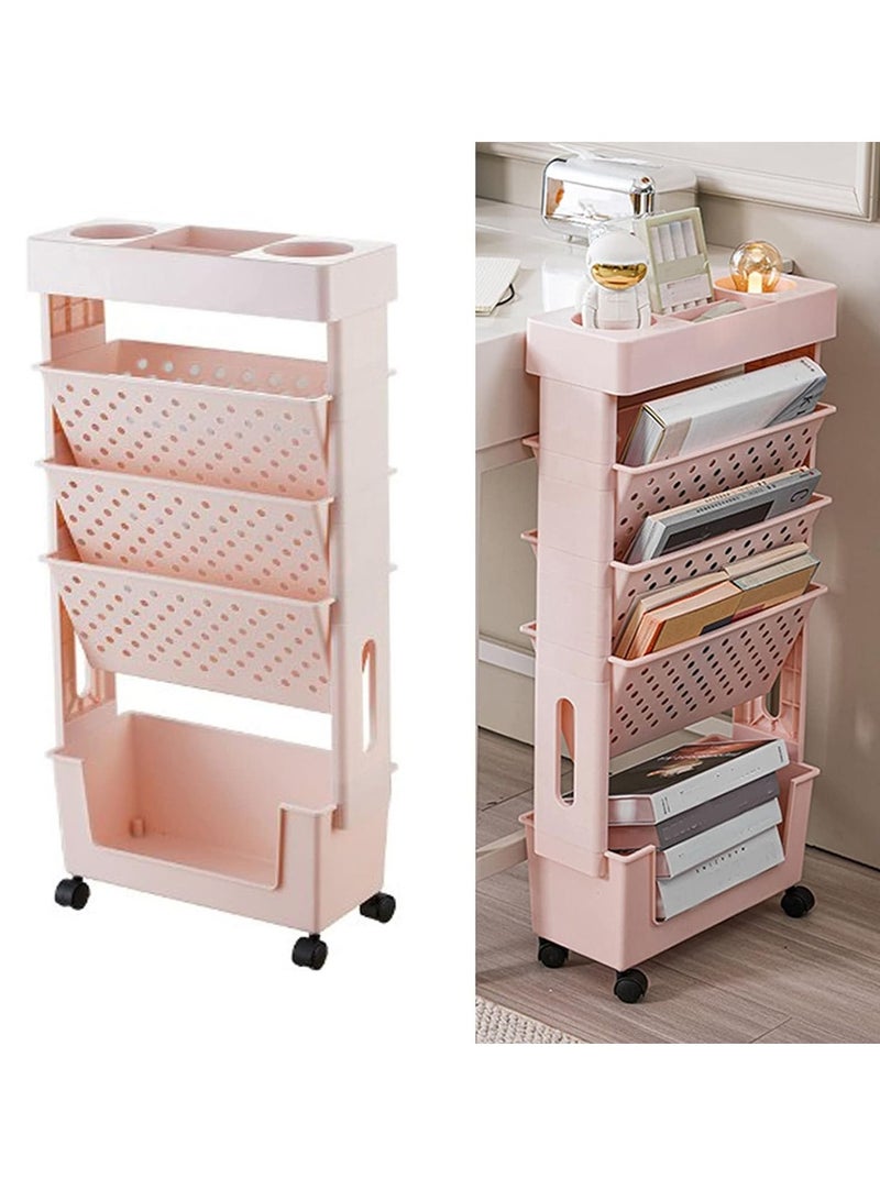 Generic Removable bookshelf, multi-layer rotatable removable plastic practical rolling organizer, large capacity removable bookcase, desk file organizing rack, wheeled (pink)  - Image 1