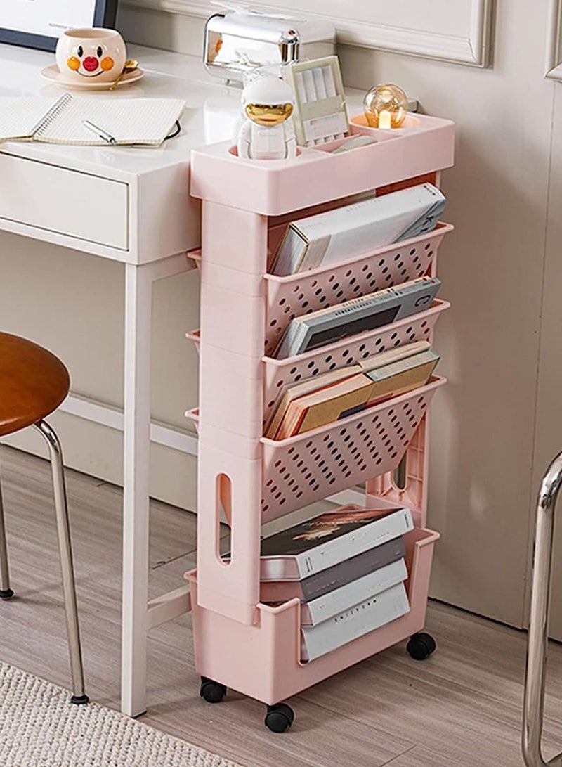 Generic Removable bookshelf, multi-layer rotatable removable plastic practical rolling organizer, large capacity removable bookcase, desk file organizing rack, wheeled (pink)  - Image 2