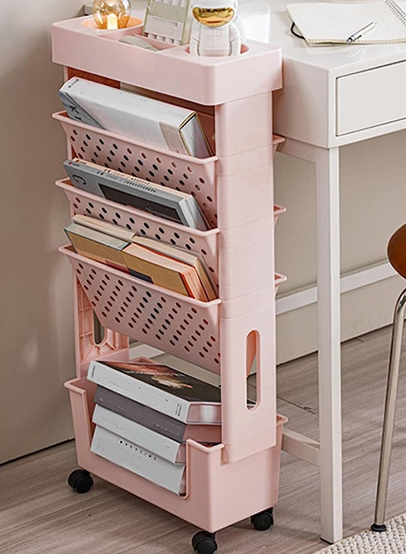 Generic Removable bookshelf, multi-layer rotatable removable plastic practical rolling organizer, large capacity removable bookcase, desk file organizing rack, wheeled (pink)  - Image 3