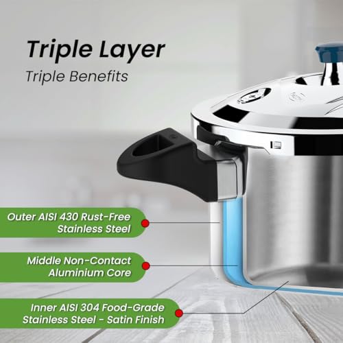 Ultra Triply Diet Cooker 5.5 L,SS 304 Food Grade,'SCTS'Anti Bulging,Froth collector,Excess Starch Remover,Calory Reduction,Solid backelite handles,3 layered body, Induction, ISI,5 Y warranty - Image 5