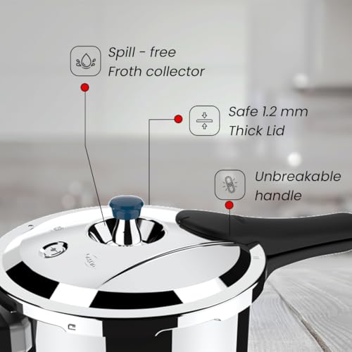 Ultra Triply Diet Cooker 5.5 L,SS 304 Food Grade,'SCTS'Anti Bulging,Froth collector,Excess Starch Remover,Calory Reduction,Solid backelite handles,3 layered body, Induction, ISI,5 Y warranty - Image 4