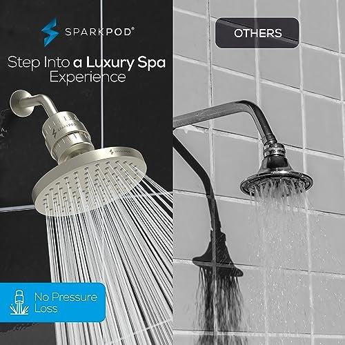 SparkPod مجموعة رأس دش فاخرة مع فلتر SparkPod 23 مرحلة - يقلل من الكلور والمعادن الثقيلة - فلتر رأس دش عالي الضغط (8" دائري، نيكل مصقول أنيق) - Image 4