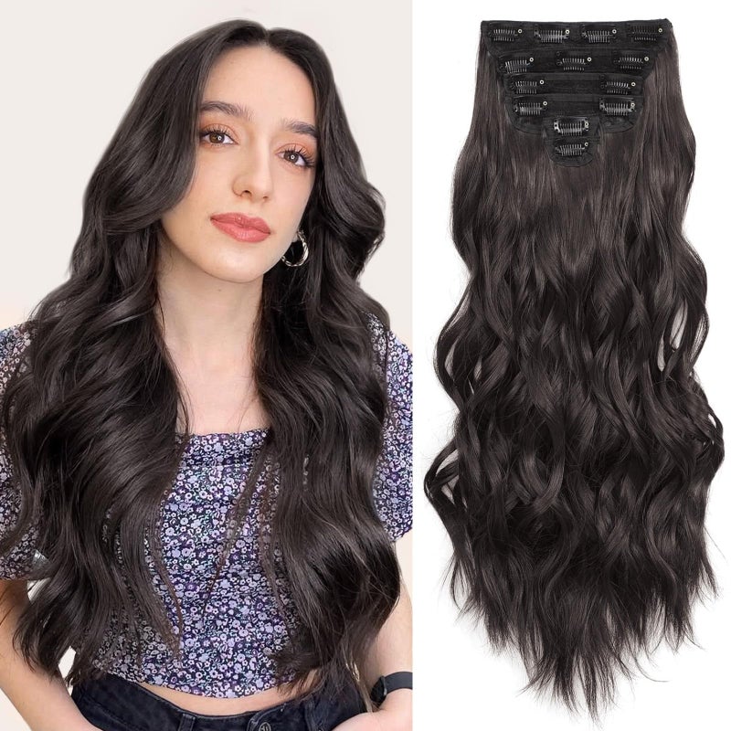 Fliace Clip in Hair Extensions for Women Dark Brown Long Wavy Hair Extensions Clip Ins 6PCS 24 Inch Synthetic Soft and Natural Thick Hair Pieces for Women - Image 1
