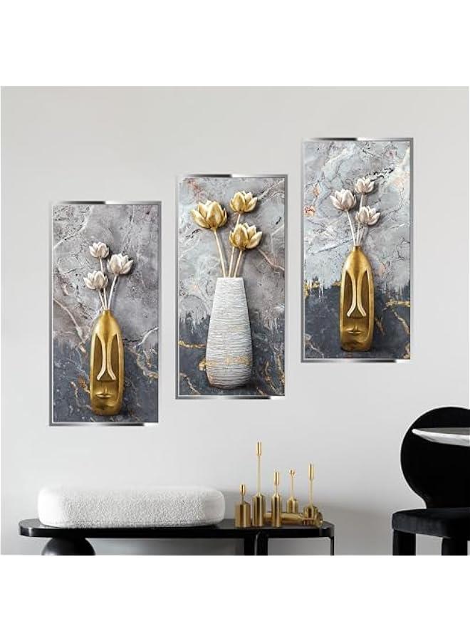 3D Vase Lotus Wall Stickers, Frameless Self Adhesive Wall Art Decor Set of 3, 3D Vinyl Wall Art Sticker Home Decor Wall Posters & Prints for Aisle Stairs Wall Living Room Sofa Backdrop 11.8x23.6  - Image 1