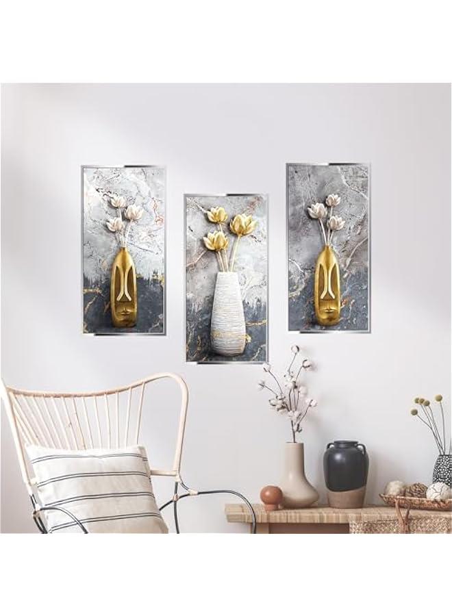 3D Vase Lotus Wall Stickers, Frameless Self Adhesive Wall Art Decor Set of 3, 3D Vinyl Wall Art Sticker Home Decor Wall Posters & Prints for Aisle Stairs Wall Living Room Sofa Backdrop 11.8x23.6  - Image 2