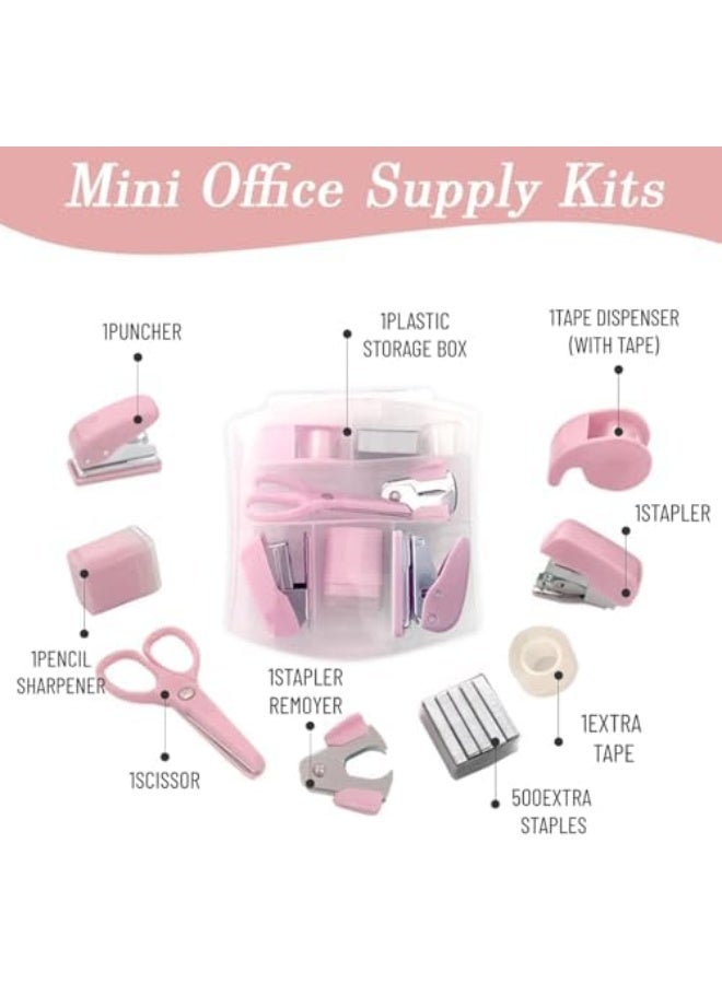 8 Pack Mini Office Supply Kit– Portable Pink Stationery Set with Scissors, Tape Dispenser, Punch, Pencil Sharpener, Mini Stapler, Compact for School, Home & Office - Image 2