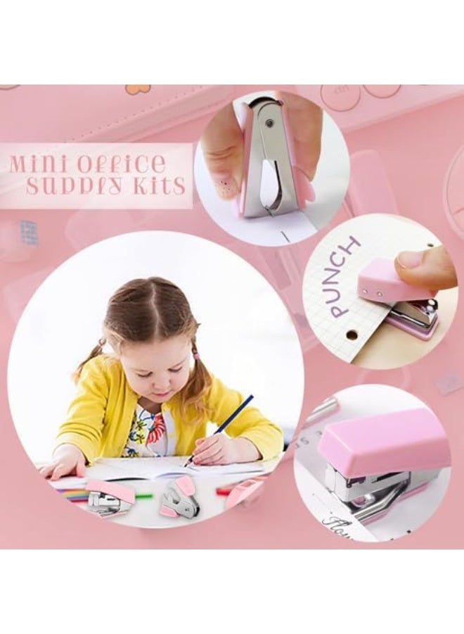 8 Pack Mini Office Supply Kit– Portable Pink Stationery Set with Scissors, Tape Dispenser, Punch, Pencil Sharpener, Mini Stapler, Compact for School, Home & Office - Image 4