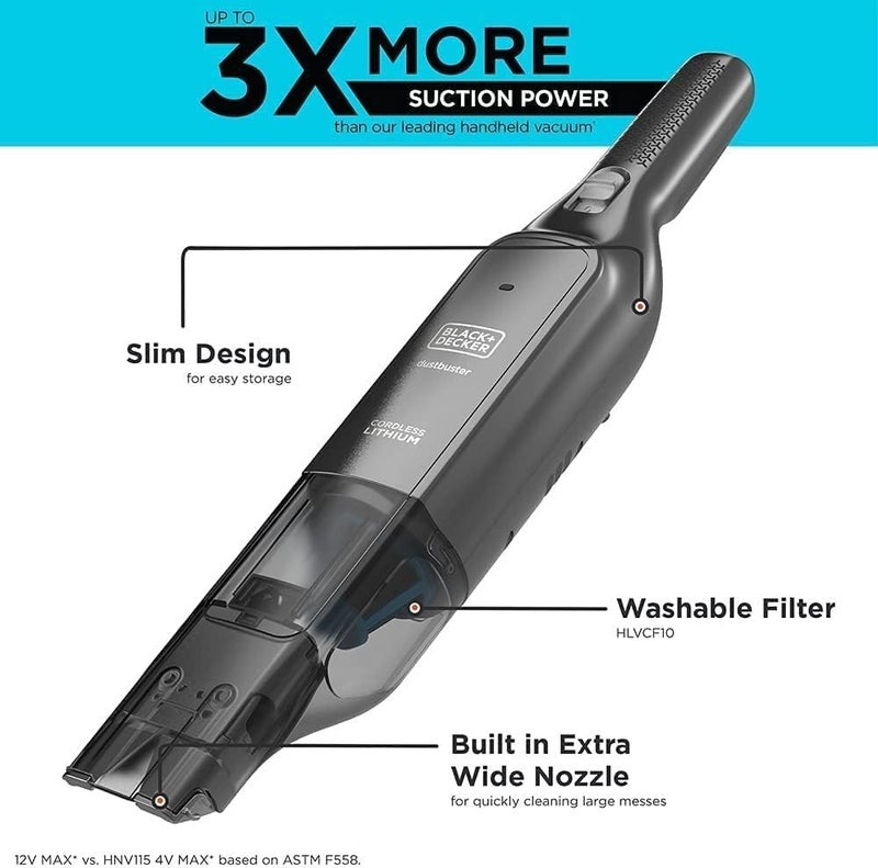 BLACK+DECKER cordless 12v handheld dustbuster vacuum, 22 air watts,14 mins runtime, ultra wide extendable nozzle, charging base with 2.0ah battery hlvc320b11-gb - Image 3