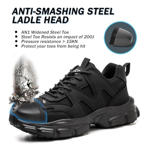 COOU Steel Toe Shoes for Women Lightweight Comfortable Steel Toe Sneakers Thickened Sole Puncture Proof Composite Toe Safety Shoes Women Size 7.5 Black - Image 2
