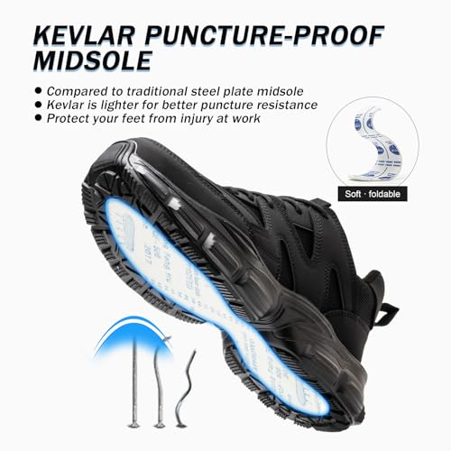 COOU Steel Toe Shoes for Women Lightweight Comfortable Steel Toe Sneakers Thickened Sole Puncture Proof Composite Toe Safety Shoes Women Size 7.5 Black - Image 4
