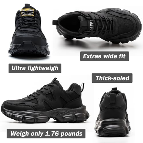 COOU Steel Toe Shoes for Women Lightweight Comfortable Steel Toe Sneakers Thickened Sole Puncture Proof Composite Toe Safety Shoes Women Size 7.5 Black - Image 5