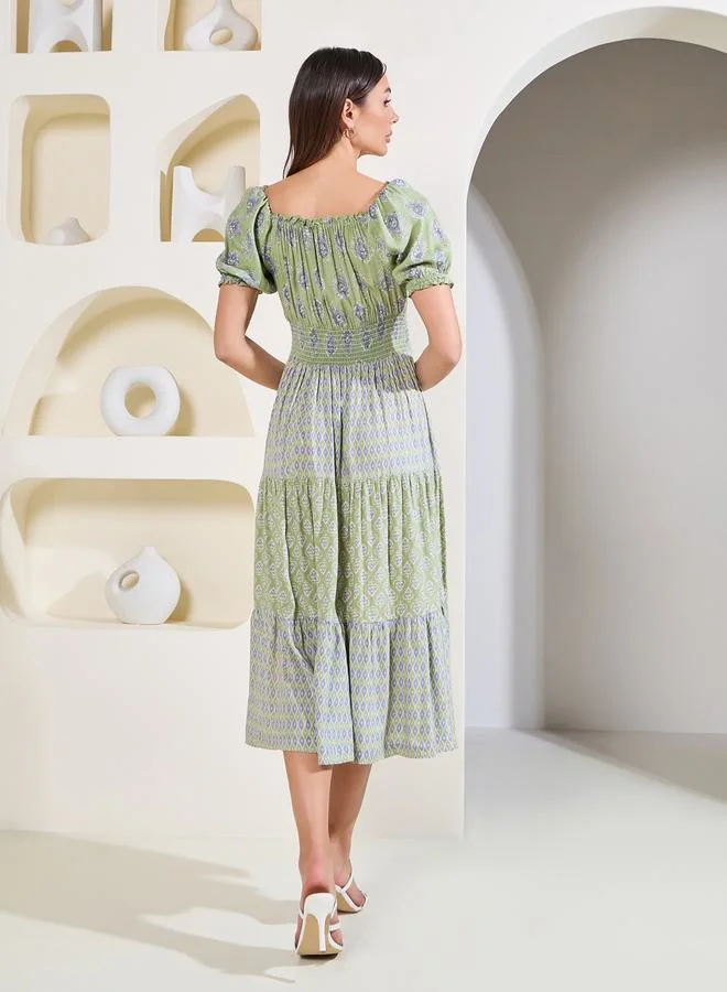 Styli Boho Print Smocked Detail Midi Dress with Tassel Detail