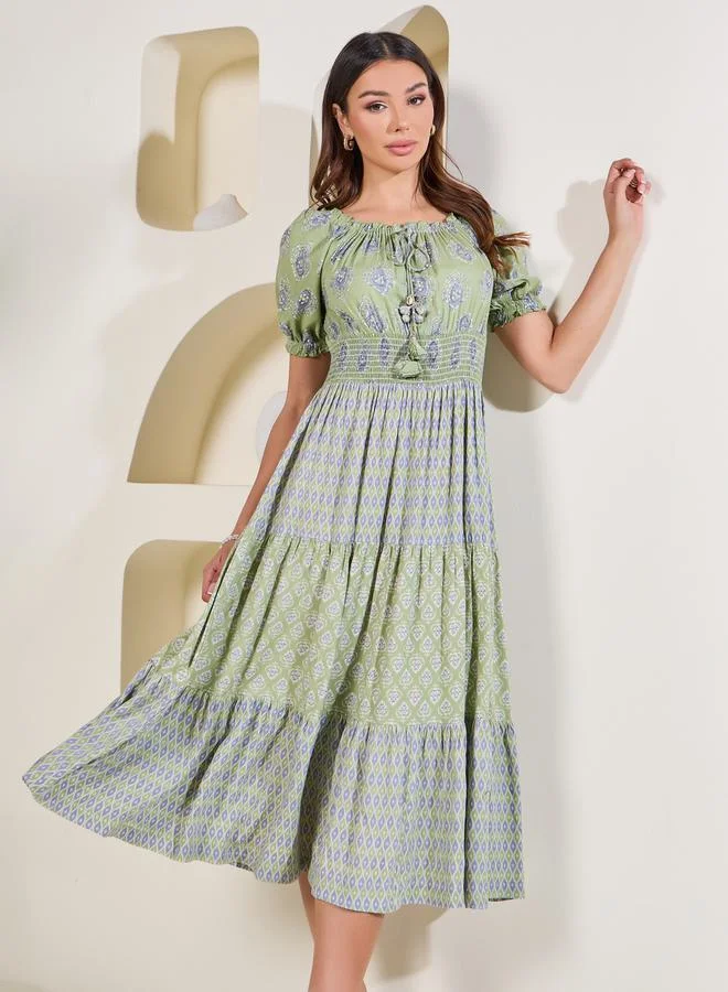 Styli Boho Print Smocked Detail Midi Dress with Tassel Detail
