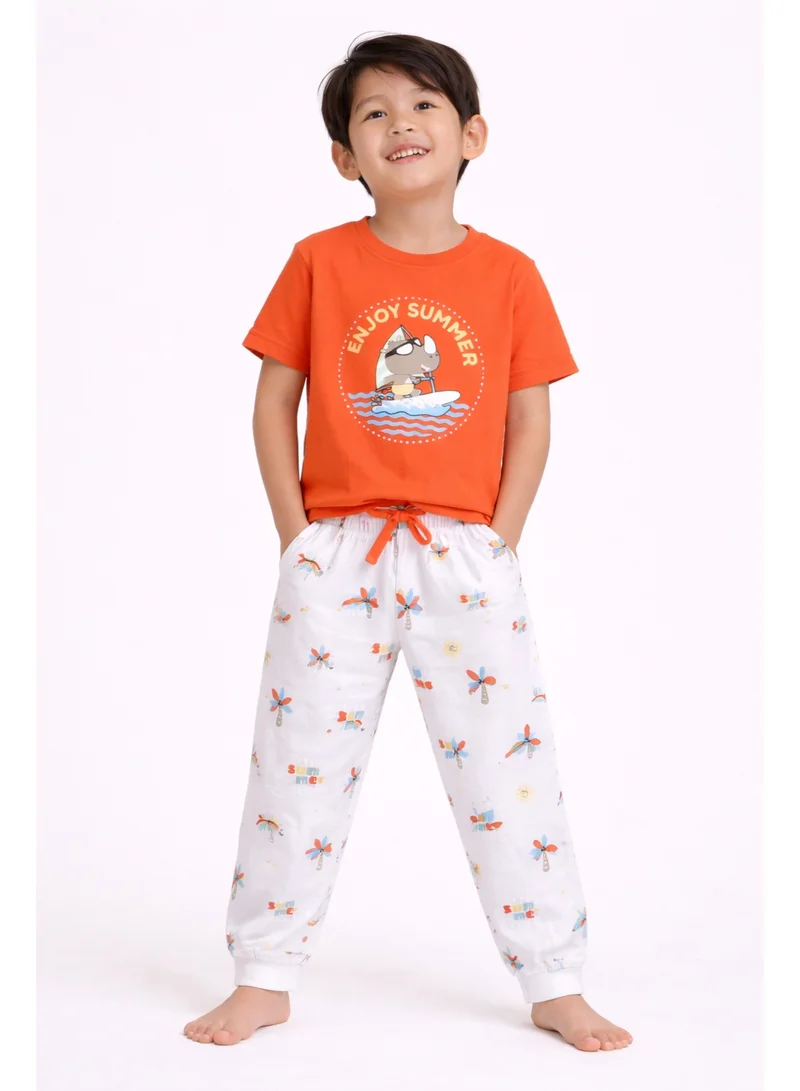 فكتور اند جين Boys “Enjoy Summer” Print Cotton Pajama Set – T-Shirt & Pajama Pants Nightwear