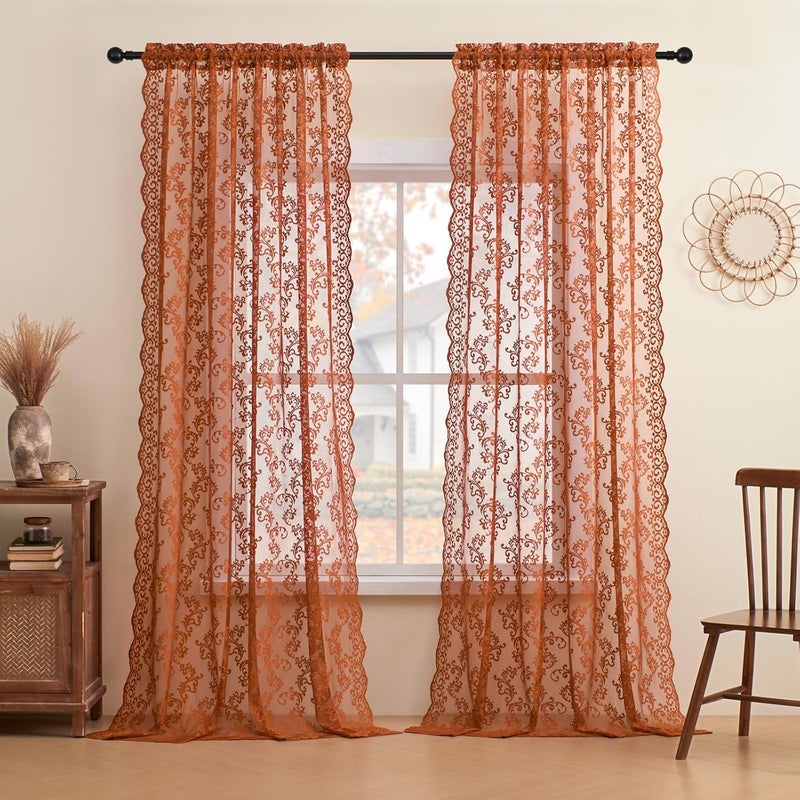 FOLKSIDE Brunt Orange Lace Curtains 63 Inch Length 2 Panels Set - Rustic Terracotta for Bedroom Living Room, Rod Pocket Light Filtering Vintage Country Fall Autumn Pumpkin Decor, 52x63 - Image 2