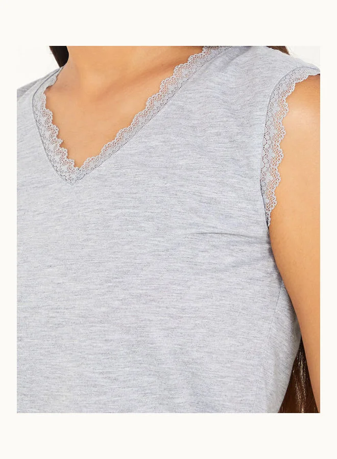 Styli Lace Trim V Neck Vest and Tropical Print Ruched Side Detail Shorts