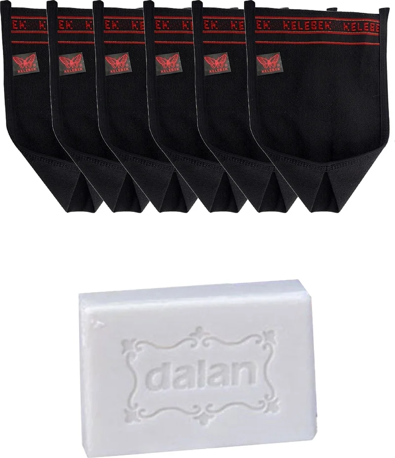 Kelebek - Invalid brand Tellak Thick Black Curved Bath Bath Scrub 6 Pieces + Dalan Sultan Hamam Natural Bath Soap 200 gr