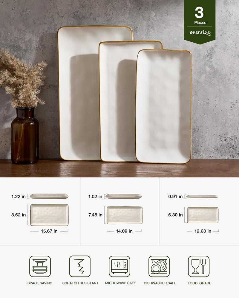Famiware Rectangular Serving Platter Set - 3 Sizes, Dishwasher Safe, Matte White Stoneware - Image 2