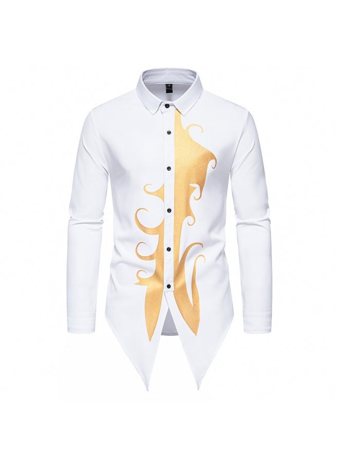 KUYING Men's Floral Hot Stamping Henry Collar Irregular Design Long Sleeved Shirt 