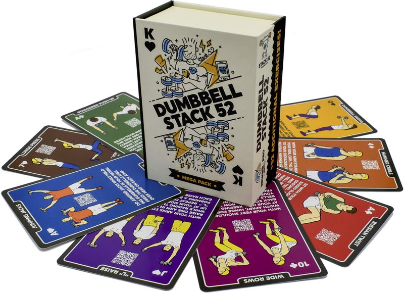 Stack 52 Dumbbell Exercise Cards. Dumbbell Workout Playing Card Game. Video Instructions Included. Perfect for Training with Adjustable Dumbbell Free Weight Sets and Home Gym Fitness. (2019 Mega Pack) - Image 1