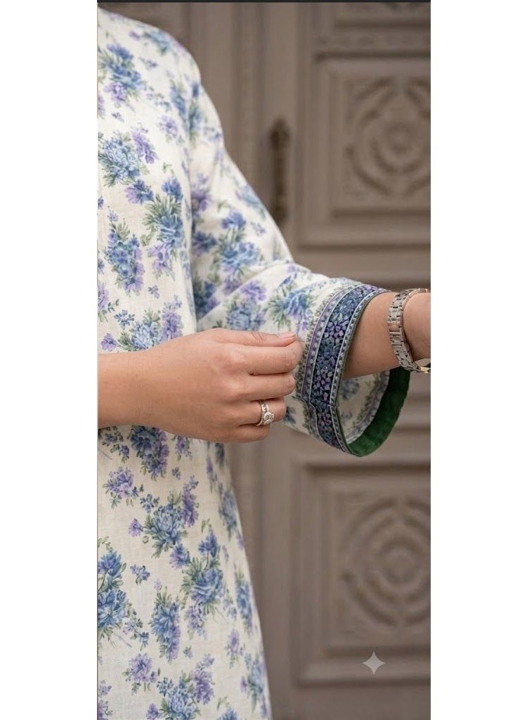 BLUBRAIN Women's 3-Piece Floral Printed Lawn Kurti Set with Trousers and Dupatta – Traditional Summer Salwar Kameez Casual Suit - Image 3