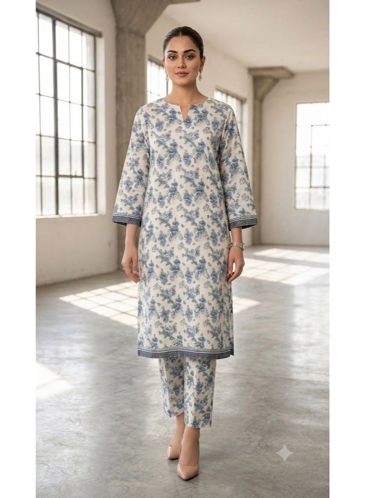 BLUBRAIN Women's 3-Piece Floral Printed Lawn Kurti Set with Trousers and Dupatta – Traditional Summer Salwar Kameez Casual Suit - Image 2